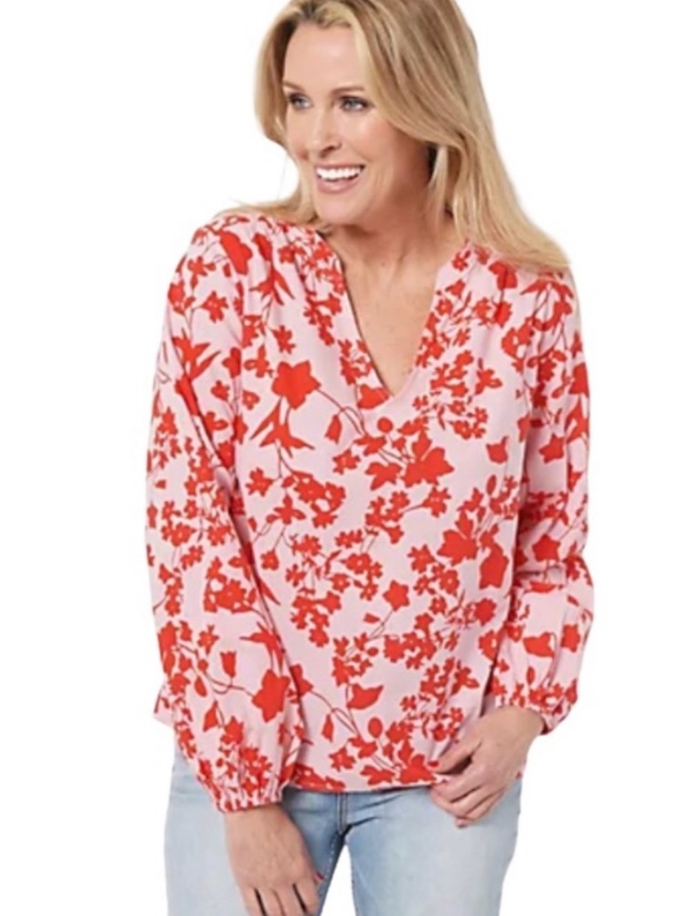 Candace Cameron Bure Pink and Red Floral V-Neck Blouse Size Large